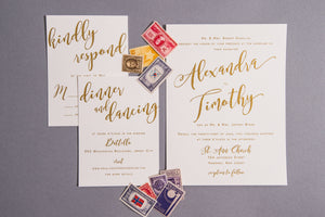 Wedding Invitation - Ecru Invitation with Raised Thermography Gold Print 5 1/2" x 8 1/2"